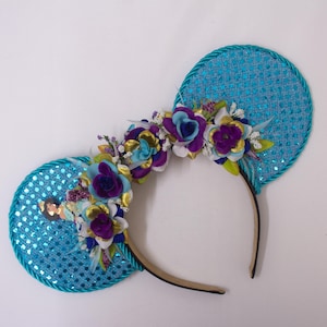 Princess Jasmine Inspired Mickey Ears Headband with Teal Sequins Gold Purple Floral Crown for Disney Aladdin Park Outfit
