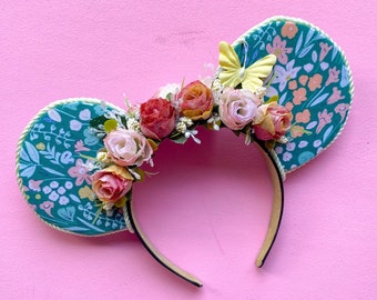 Whimsical Cottage Floral Fabric Mouse Ears with Roses