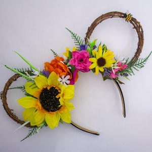 Sunflower Mickey Ears Headband with Colorful Spring Flowers and Bee Accent for Disney Park Day or Flower and Garden Festival Look