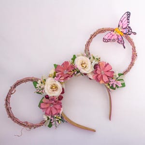 Blush Pink Floral Mickey Ears Headband with Cream Roses Butterfly Accent and Glitter Grapevine Ears for Epcot Flower and Garden Look