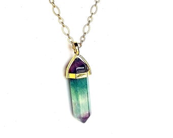 Fluorite Quartz Point Necklace / Rainbow Flourite Pendant on Gold Chain