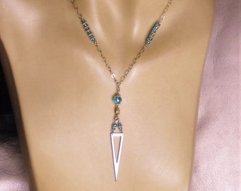 Blue Quartz Liarat Styled Necklace / 14 Kt Gold Filled Gemstone Necklace / Geometric Triangle Necklace