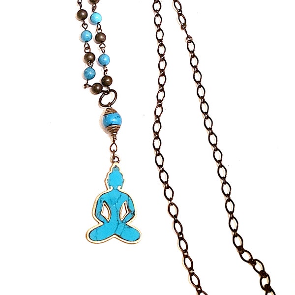 Buddha Necklace with Turquoise / Long Oxidized Brass Yoga Necklace  / Inlaid Turquoise Buddha Necklace  / Bohemian Necklace / Zen Necklace