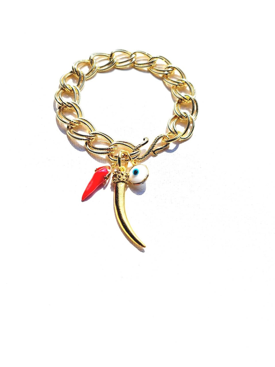 Italian Horn Bracelet With Evil Eye Charm & Red Coral Horn on Gold