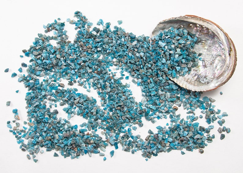 May include: A close-up of a pile of blue-green gemstone chips, some of which are spilling out of a white abalone shell.