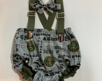 Army Cake Smash Outfit/ Boys First Birthday/ Army Theme Birthday/ Army Diaper Cover/ Suspenders/ Bow Tie/ Boys First Birthday Outfit