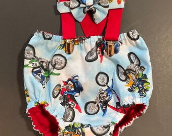 Motor Cross cake smash outfit, Motorcycles, First birthday, Motor Cross birthday theme, diaper cover, suspenders, bow tie,