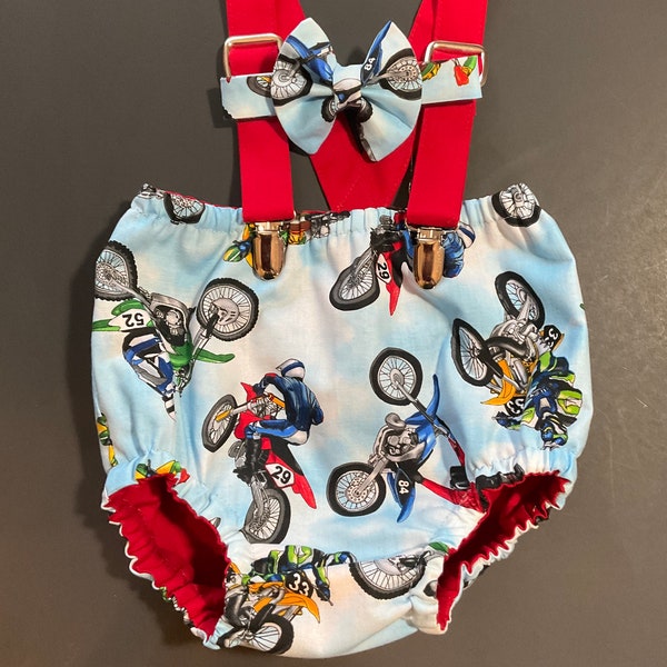 Motor Cross cake smash outfit, Motorcycles, First birthday, Motor Cross birthday theme, diaper cover, suspenders, bow tie,