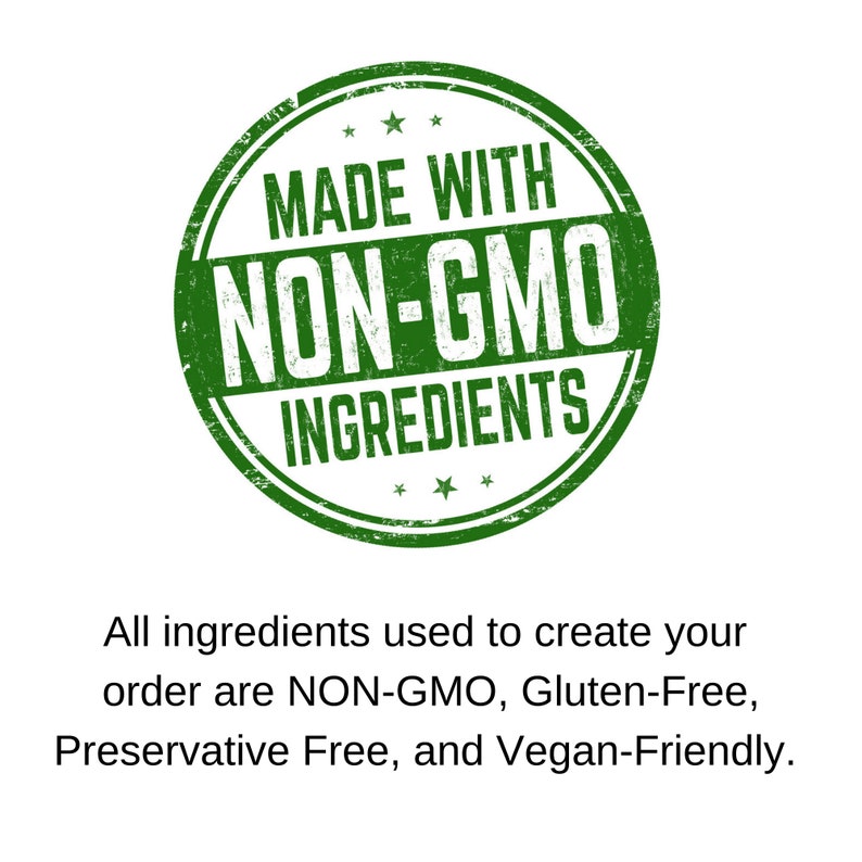 Peut inclure: Tampon rond vert et blanc vieilli avec le texte "MADE WITH NON-GMO INGREDIENTS".
