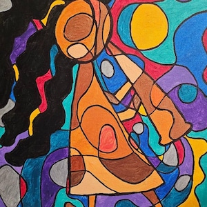 May include: Abstract painting featuring a figure in an orange dress with black hair, set against a colorful background of blues, purples, and yellows. The artwork has a modern, geometric style.