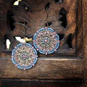 Pink & Blue Beaded Bronze Filigree Earrings