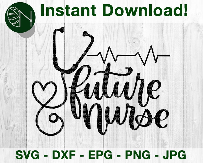 May include: Black and white digital design featuring a stethoscope, a heart, and the text "future nurse" with a heartbeat graphic.