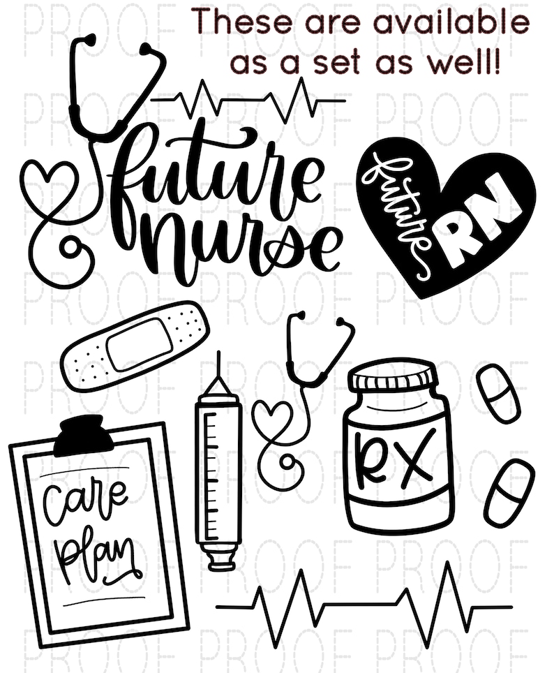 May include: Black and white clipart illustrations of medical supplies and symbols, including a stethoscope, a bandage, a syringe, a pill bottle with an RX label, pills, a heart with the text "future RN", a clipboard with the text "Care Plan", and a heart with a stethoscope. The text "future nurse" is also included in the image.