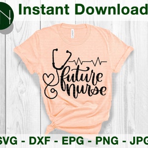 May include: A peach-colored t-shirt with a black stethoscope, heart, and heartbeat graphic. The text "future nurse" is written in a cursive font.