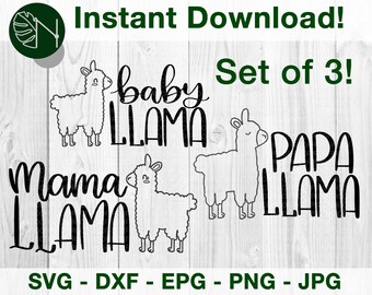 Mama Llama, Baby Llama and Papa Llama Set of 3 Bundle SVG, DFX Cut File for Cricut and Cameo | Eps Png Pdf for Crafters | Printable, Clipart