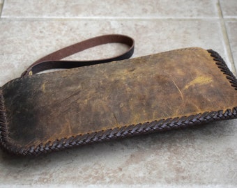 Distressed Brown Leather Zippered Wristlet