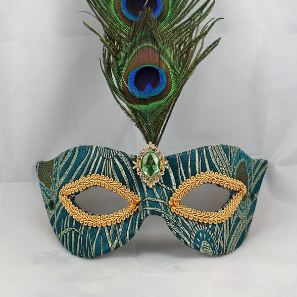 Green and Gold Peacock Pattern Brocade and Flexible Leather Masquerade Mask