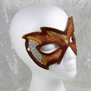 Tooled Leather Mask, Bronze and Silver Veg Tan Superhero Medieval Style Leather Masquerade Mask, Men&#39;s Mask