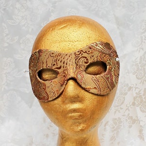 Gold Eye Mask, Gold and Brown Paisley Satin Brocade and Leather Eye Masquerade Mask