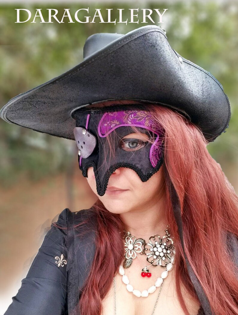 MADE TO ORDER Black Brocade and Leather Pirate Renaissance Fair Masquerade Mask with Eye Patch Brocade Pirate Mask