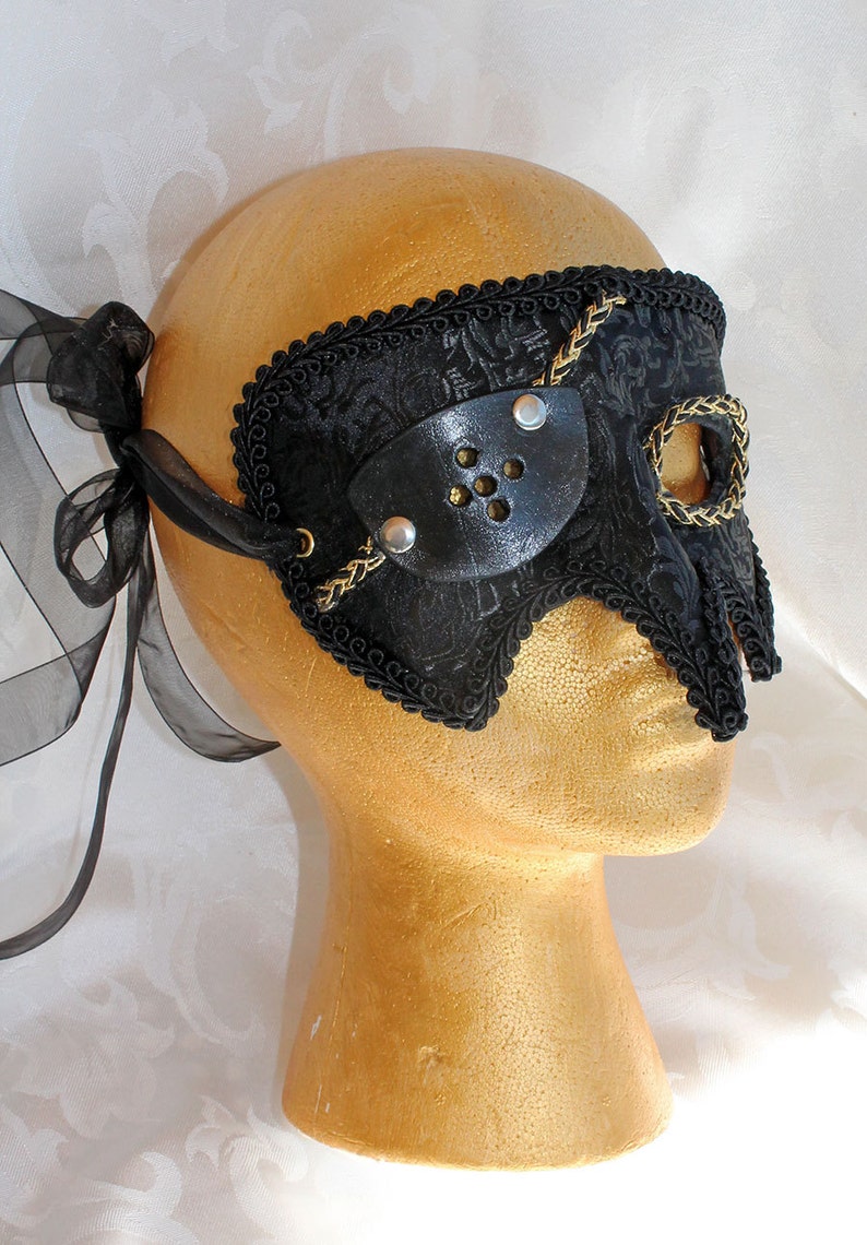 MADE TO ORDER Black Brocade and Leather Pirate Renaissance Fair Masquerade Mask with Eye Patch Brocade Pirate Mask