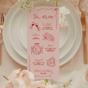 Roze en rode grillige handgetekende stijl menubord, afdrukbaar trouwmenu, 4 x 9 menu, verjaardagsmenusjabloon, bewerken in Canva
