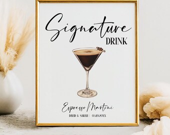 Letrero de bar de Espresso Martini: Menú elegante de cócteles para bodas (Plantilla de Canva, descarga digital imprimible)