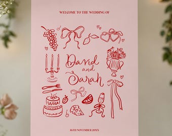Whimsical Wedding Welcome Sign: Hand-Drawn Pink & Red Design (Canva Template, Digital Download