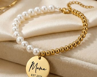 Personalized Mama Est Bracelet, Pearl & Gold Coin Bracelet, Mother of Pearl Mama Bracelet, Custom New Mom Gift, Mama Est Jewelry Gift