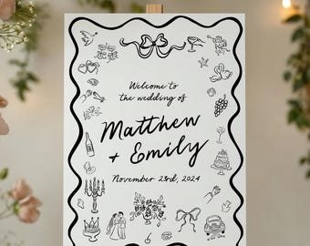 Whimsical Wedding Welcome Sign: Hand-Drawn Style, Wavy Border - Canva Template, Digital Download