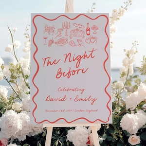 Whimsical Hand drawn style The Night Before Sign, Rehearsal Dinner Welcome Sign Template, Rehearsal Sign, Wavy Border Sign, edit in Canva