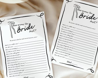 Who Knows the Bride beste spel afdrukbare canvassjabloon, vrijgezellenfeest en vrijgezellenfeestspel, grillig ontwerp, bewerkbaar vrijgezellenfeestspel