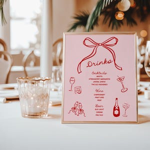 Whimsical Bar Menu Sign: Pink & Red Ribbon Design (8x10, Canva Template)