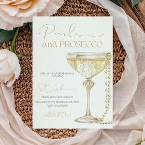 Pearls & Prosecco Bridal Shower Invitation: Elegant Gold Canva Template