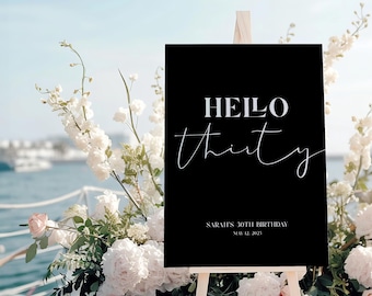 Hello Thirty Welcome Sign: 30th Birthday Party Decor (Editable Canva Template)