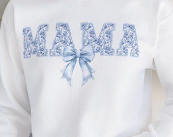 Blue Chinoiserie Mama Sweatshirt, Custom Gift for Mom, Personalized Mother's Day or Birthday Jumper, Cute Cozy Mama Sweater, Gift for Mom