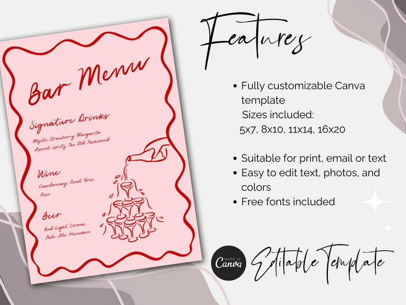wedding bar menu sign, printable cocktail menu, bar menu sign template, birthday drink menu sign, whimsical wedding sign, editable bar menu sign, hand drawn bar decor, diy cocktail party sign, custom drink menu sign, wedding reception bar, birthday bar sign decor, signature drink menu, canva editable bar sign