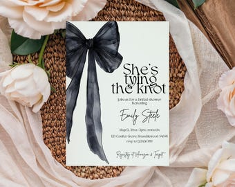 She’s Tying The Knot Black Ribbon Bridal Shower Invitation: Editable Canva Template (Printable)