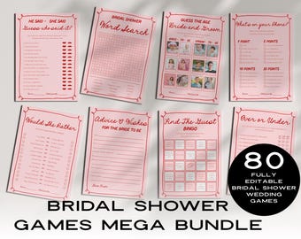 Whimsical Bridal Shower Games Bundle: Pink & Red, Editable in Canva (80 Page Printable Pack)