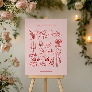 Whimsical Hand drawn style Wedding Welcome Sign, Easel Welcome Sign Template, Printable Welcome Sign, Pink and Red Sign, edit in Canva