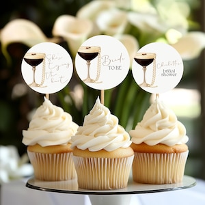Pearls & Espresso Bridal Shower Cupcake Toppers: Editable Favor Tags (Canva Printable)