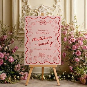 Skurriles Willkommensschild für die Hochzeit: Handgezeichneter Stil, gewellter Rand (Canva Template, digitaler Download)