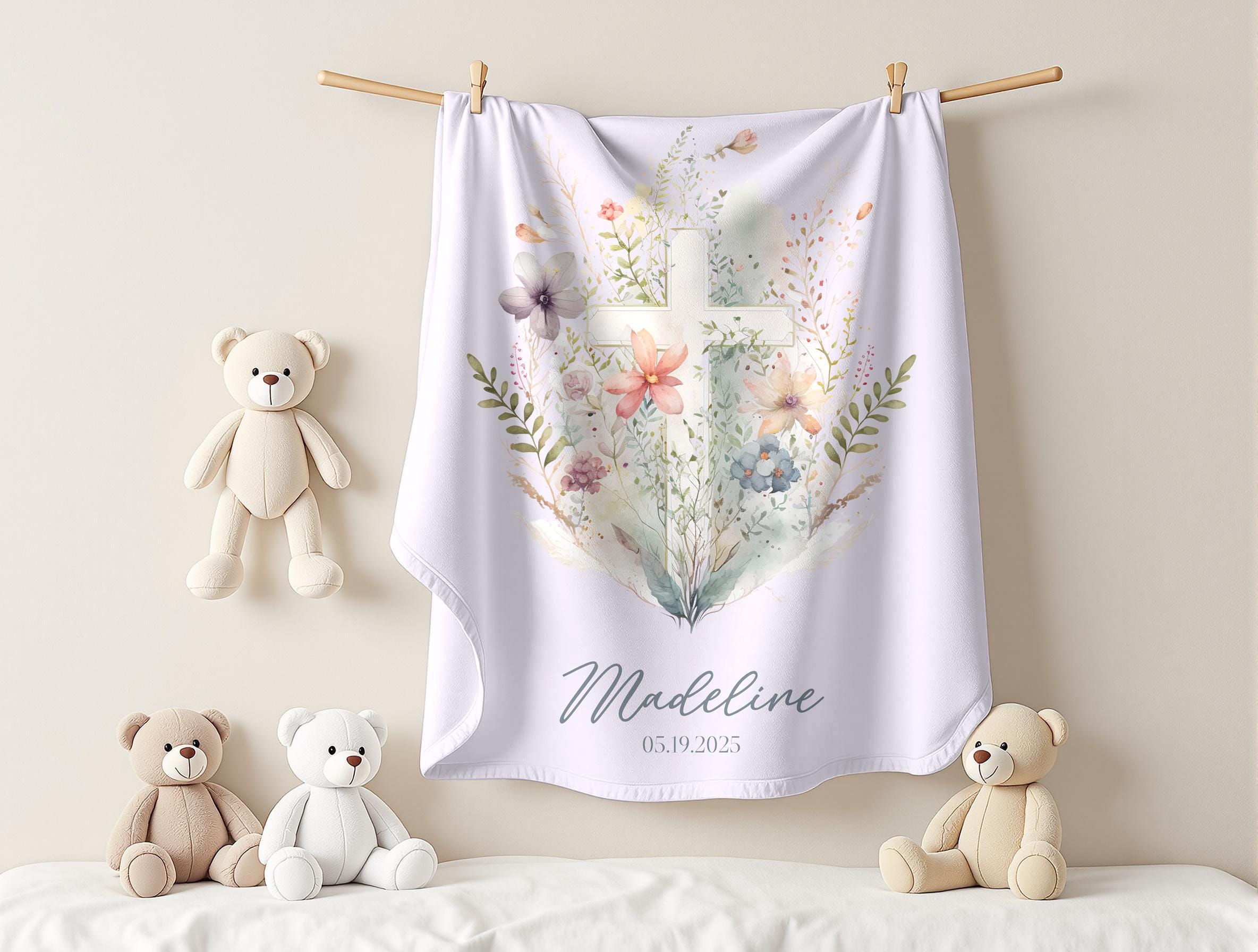 Personalized Floral Baptism Velveteen Blanket, Custom Baby Shower Gift, Soft Baby Nursery Decor, Monogrammed Toddler Throw, Cozy Infant