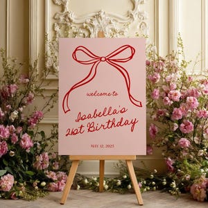 Pink and Red 21st Birthday Welcome Sign Template, Pink Birthday sign for girl, Pink Bow 21st Birthday Party Welcome Sign, edit in Canva