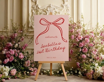 Pink 21st Birthday Welcome Sign Template: Red Bow, Editable in Canva