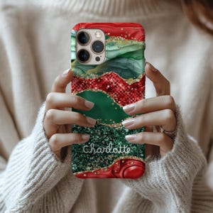 Christmas Red Green Glitter Phone Case, Personalized Holiday Tough Cover for iPhone & Samsung, Custom Festive Stocking Stuffer Gift
