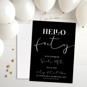 Convite moderno de 40º aniversário em preto e branco: modelo Canva (4x6, 5x7)