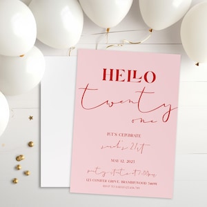 Pink & Red Hello 21st Birthday Invitation: Modern Party Invite (Canva Template, Printable 4x6/5x7&quot;)