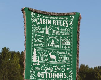 Cabin Rules Woven Blanket | Personalized Outdoors Lodge Throw for your lakeside cabin - Charcoal, Navy, Hunter Green colorways