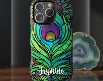 Stained Glass Peacock Feather Phone Case | Boho Colorful Art Case for iPhone Samsung Pixel | Mosaic Nature Design